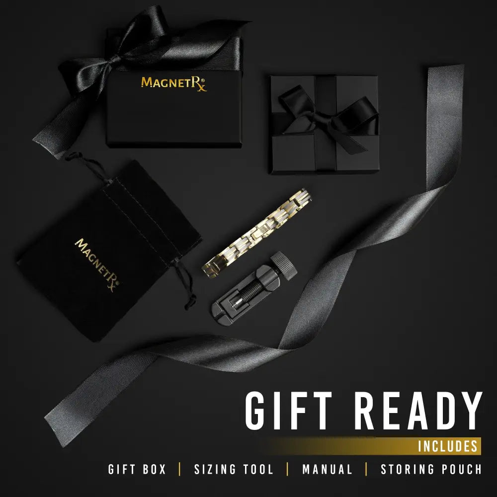 Gold-toned two tone titanium ultra strength magnetic bracelet with interlocking links and black sizing tool beside it