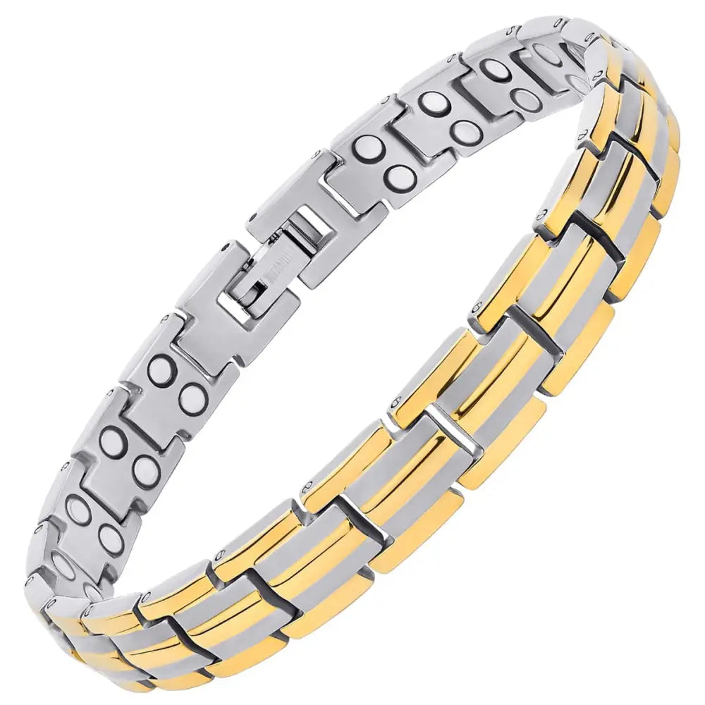 Two tone titanium ultra strength magnetic bracelet with alternating silver and gold toned links featuring circular cutouts