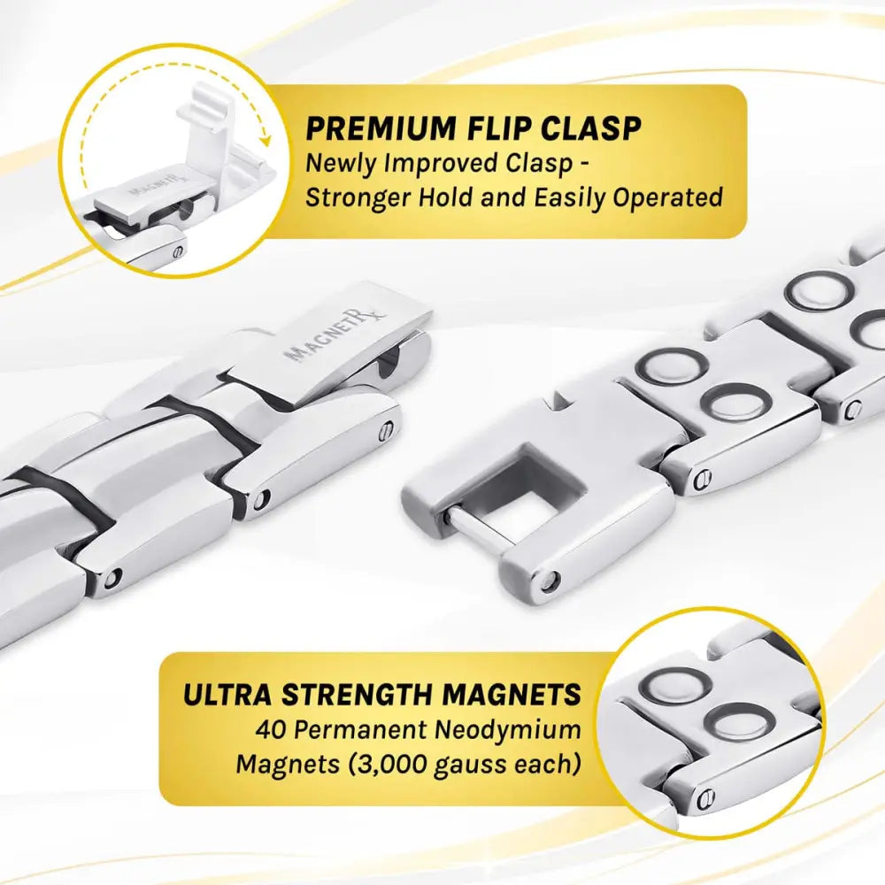 Magnetrx womens silver titanium magnetic therapy bracelet with silver-toned interlocking links and premium flip clasp