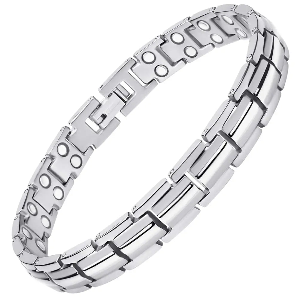 Magnetrx women’s silver titanium magnetic therapy bracelet with interlocking rectangular links and circular cutouts