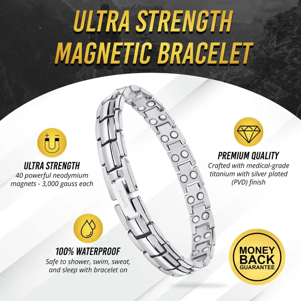 Magnetrx women’s silver titanium magnetic therapy bracelet with sleek segmented design and 40 neodymium magnets