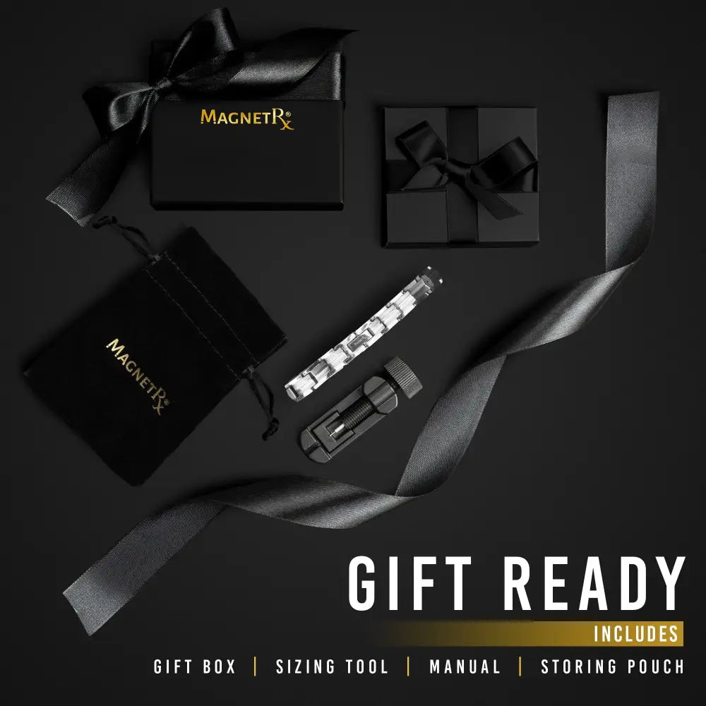 Magnetrx women’s silver titanium magnetic therapy bracelet with clear crystal accents and black adjustment tool in gift boxes