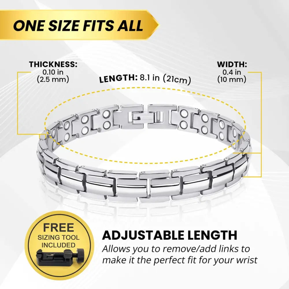 Magnetrx women’s silver titanium magnetic therapy bracelet with silver-toned interlocking links and adjustable fit