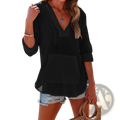 Women’s black cotton linen hooded pullover with v-neckline three-quarter sleeves and front pocket
