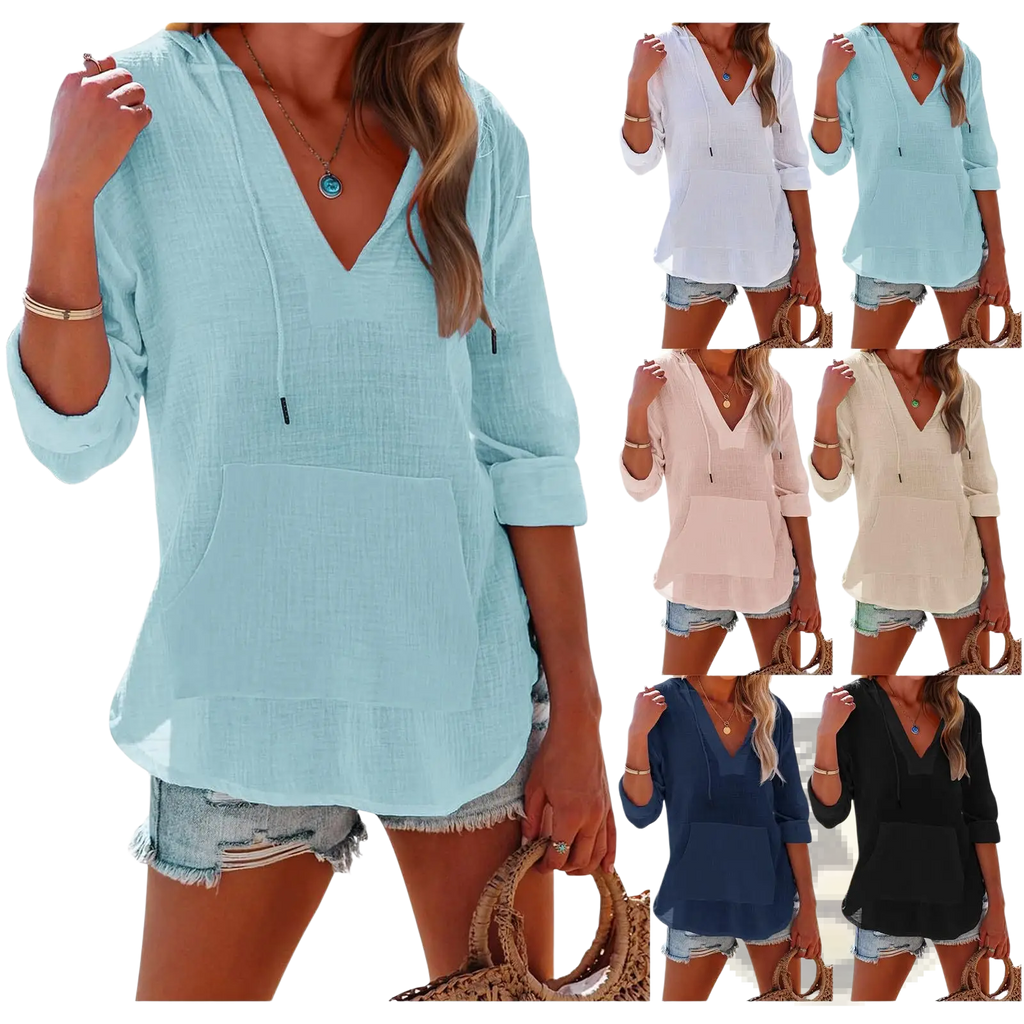 Light blue lightweight cotton hooded pullover with v neck and front pocket for women