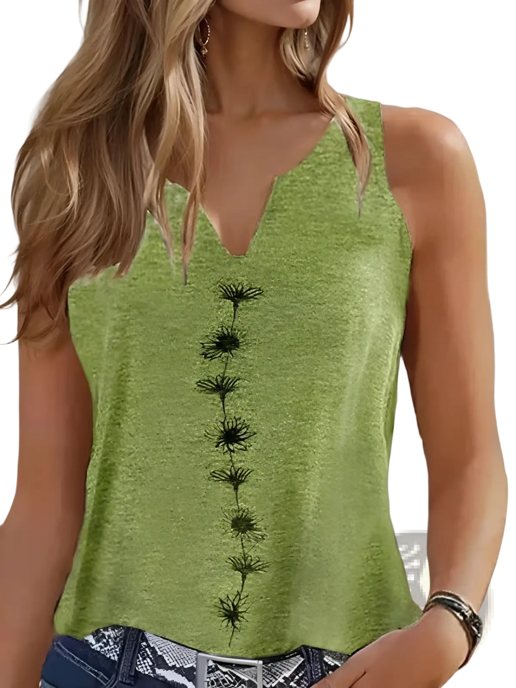 Women’s light green heathered sleeveless v-neck top with black dandelion embroidery down the center front
