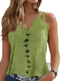 Women’s light green heathered sleeveless v-neck top with black dandelion embroidery down the center front
