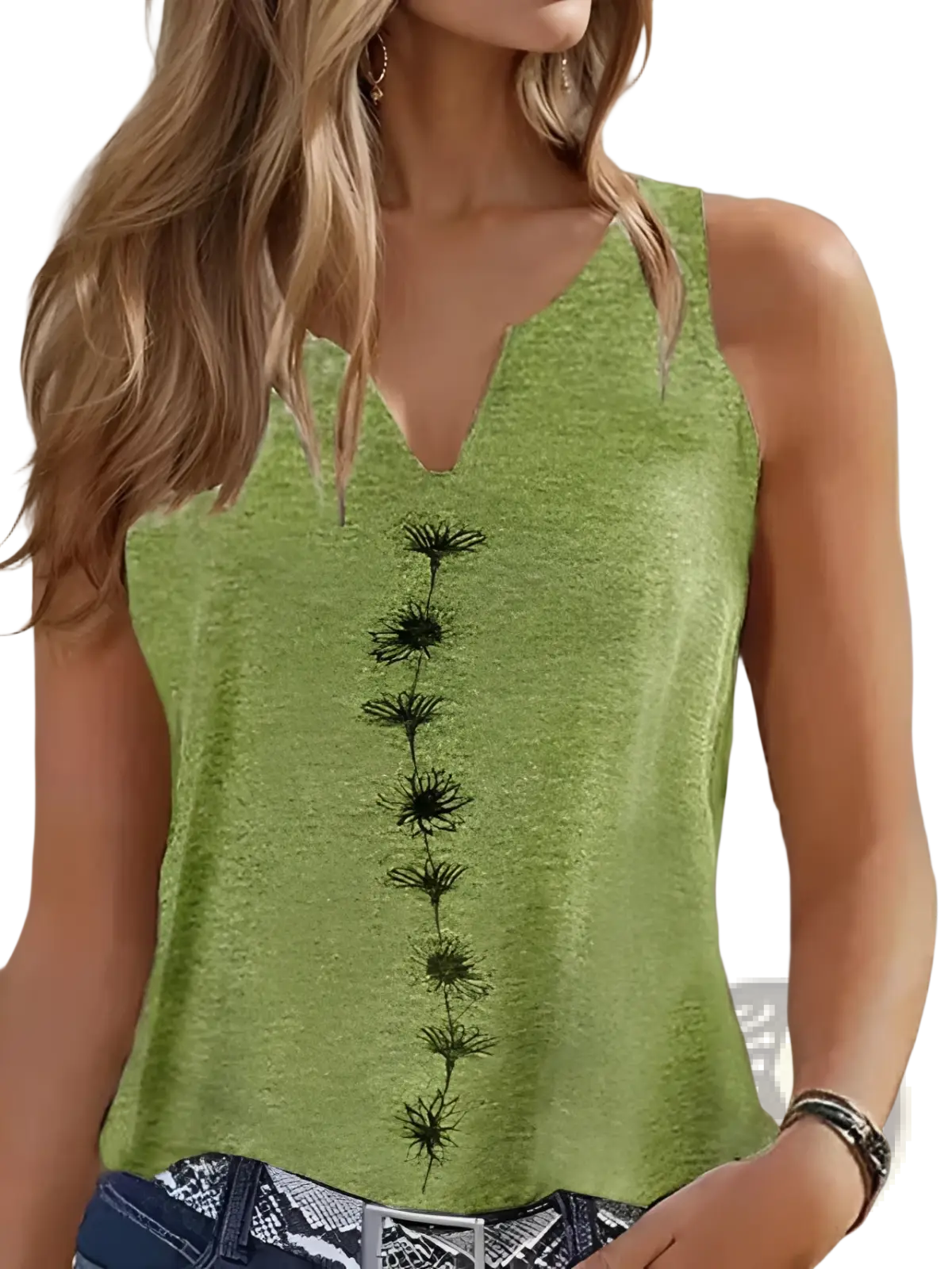 Women’s light green heathered sleeveless v-neck top with black dandelion embroidery down the center front
