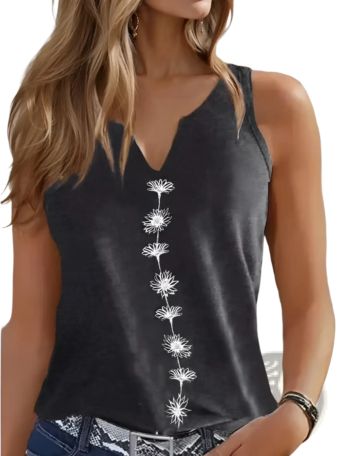 Women’s dark gray sleeveless v-neck top with white embroidered daisy flowers down the center front