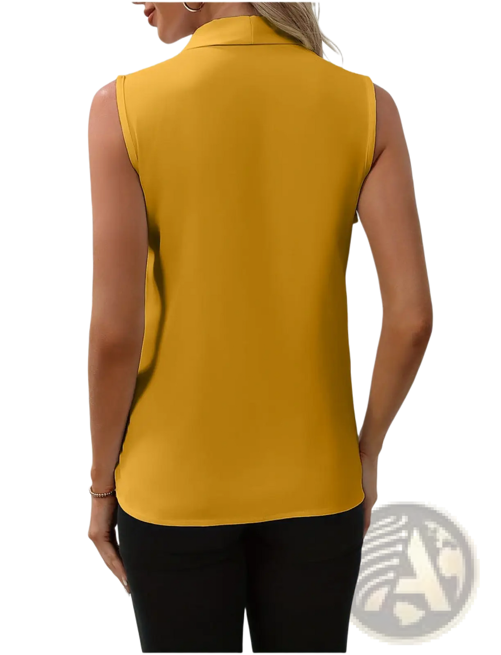 Women’s v-neck pleated sleeveless chiffon blouse in mustard yellow with a collar and smooth flowing fabric