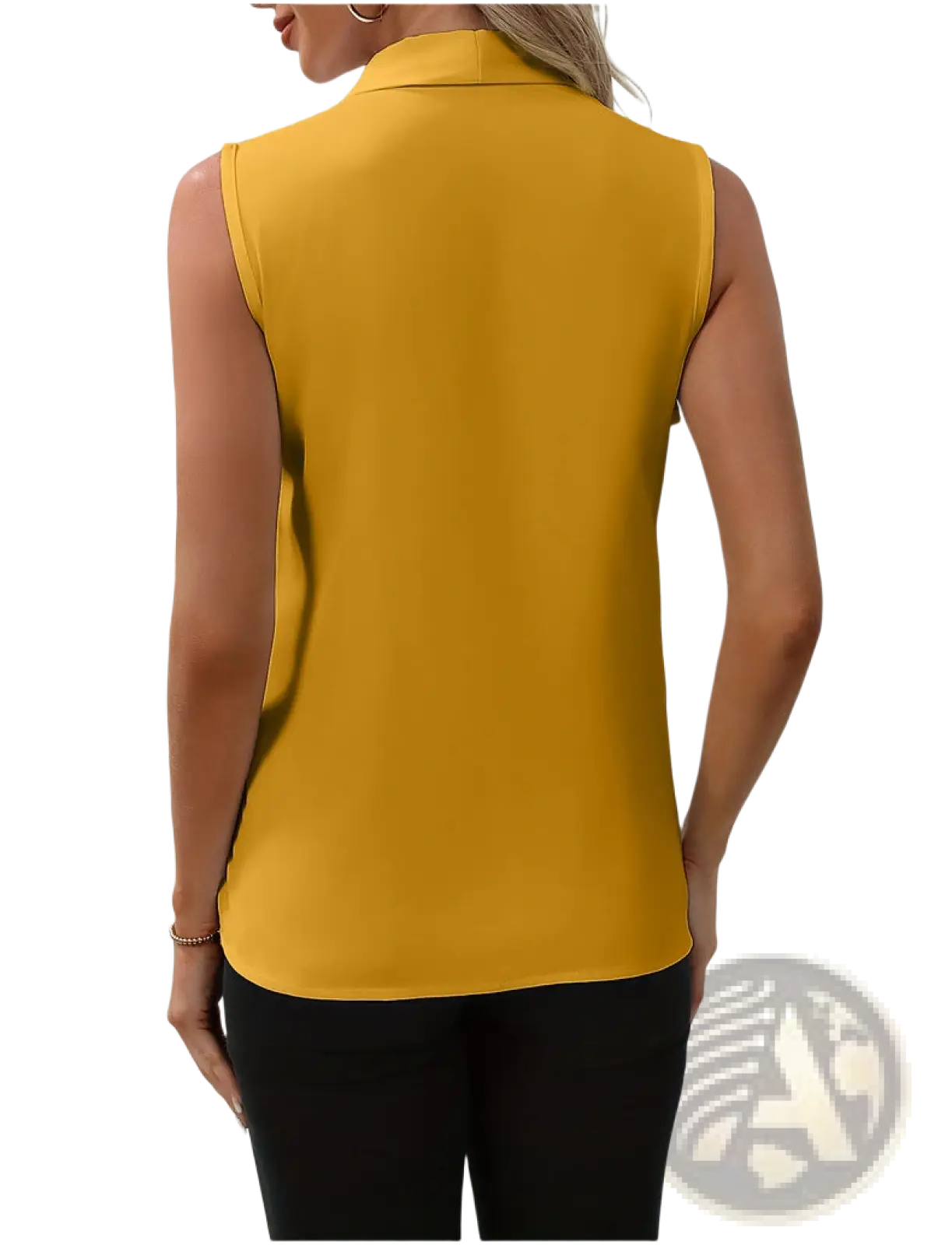 Women’s v-neck pleated sleeveless chiffon blouse in mustard yellow with a collar and smooth flowing fabric