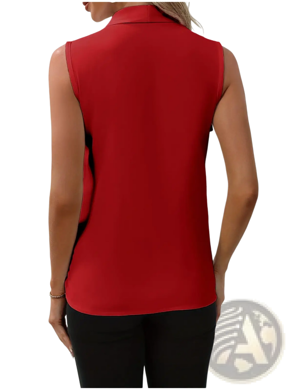 Red sleeveless chiffon blouse with v-neck pleats and collar featuring smooth flowing fabric for women