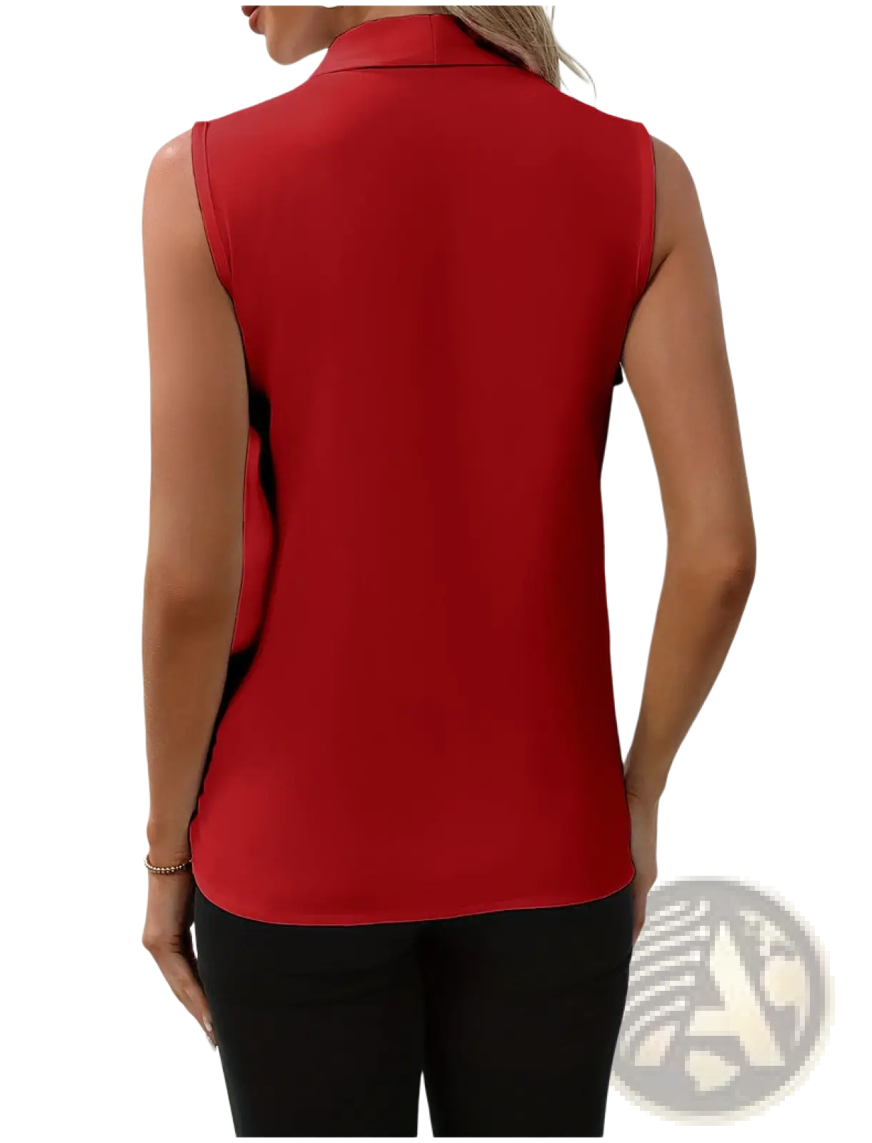Red sleeveless chiffon blouse with v-neck pleats and collar featuring smooth flowing fabric for women