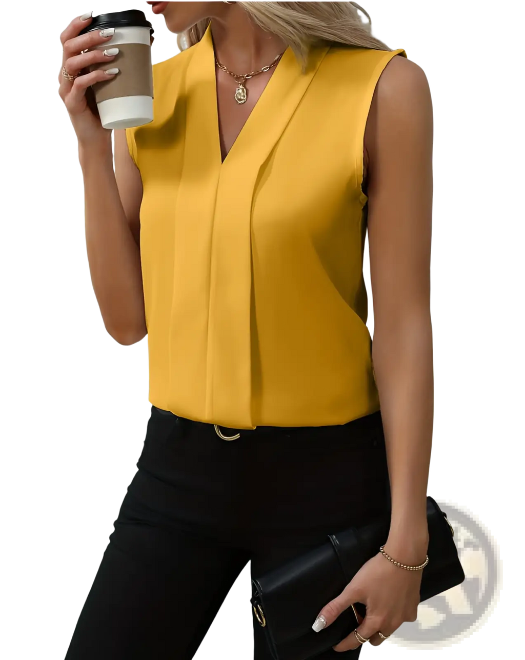 A vibrant yellow chiffon sleeveless blouse for women with a v-neck and front pleats for a stylish look