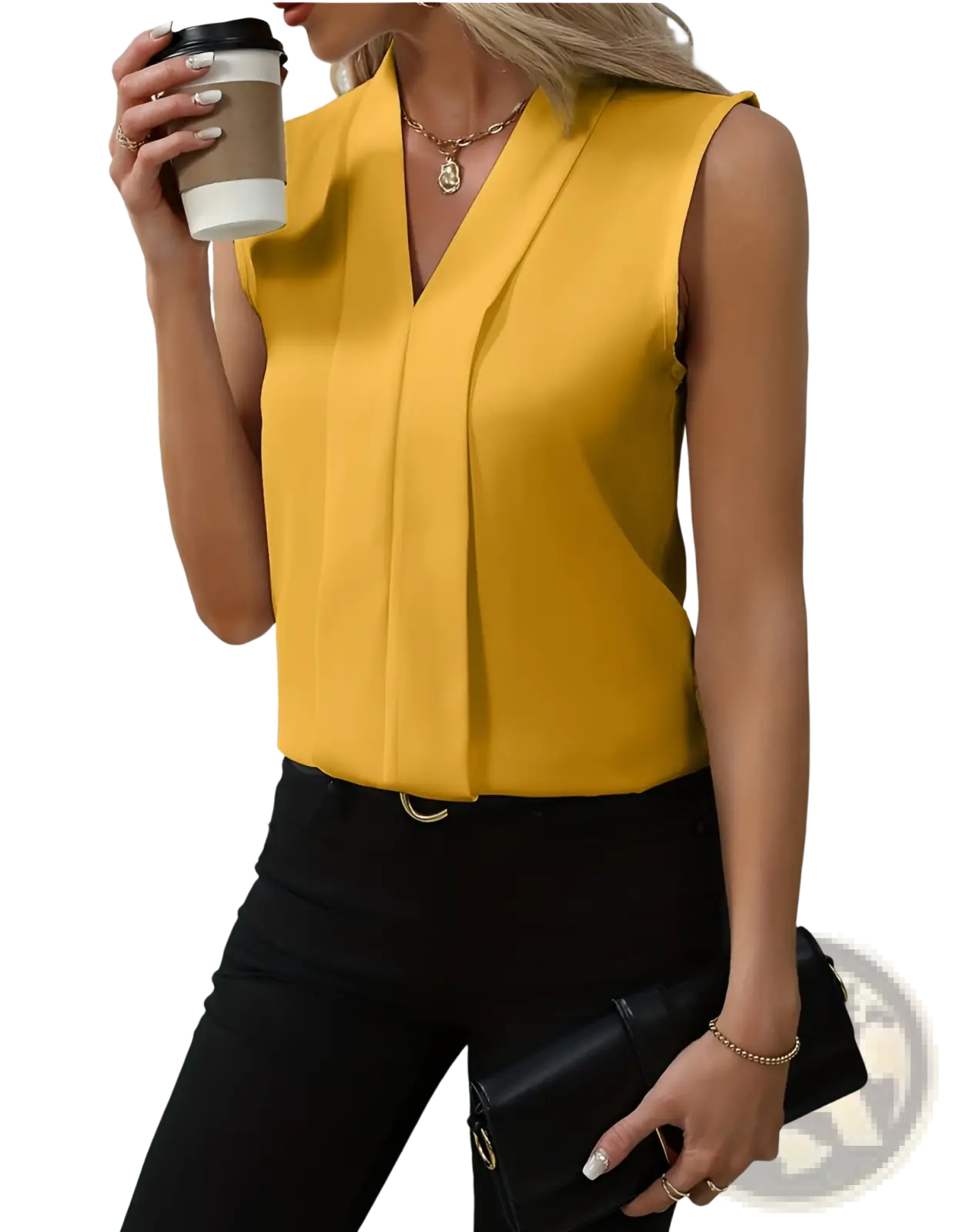 A vibrant yellow chiffon sleeveless blouse for women with a v-neck and front pleats for a stylish look