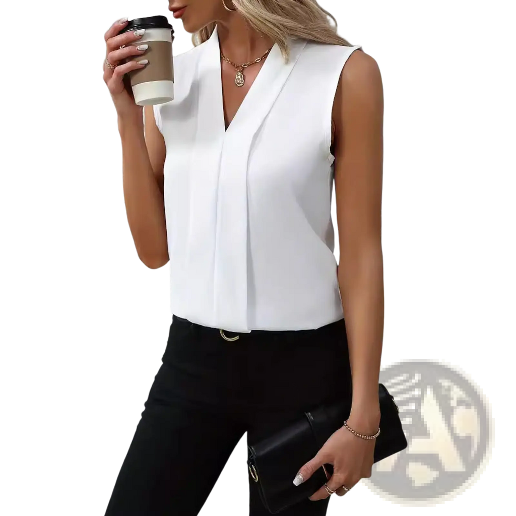 White sleeveless chiffon blouse with v-neck and pleated front detail for women’s elegant summer wear