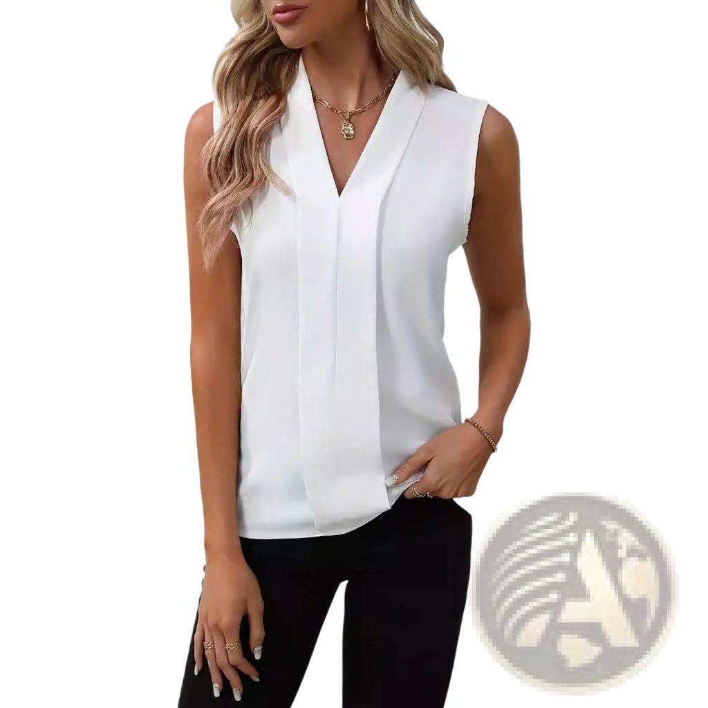 White sleeveless chiffon blouse for women with a v-neck and pleated soft flowing fabric design