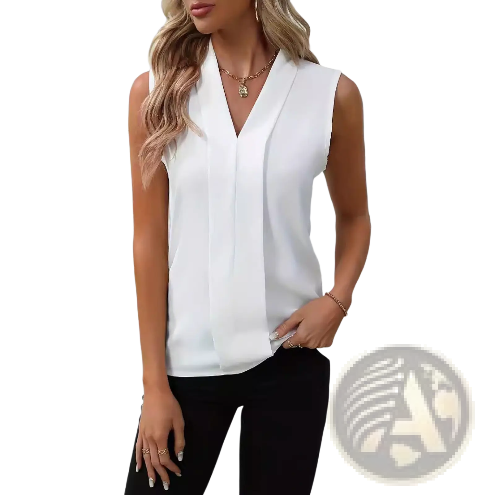 White sleeveless chiffon blouse for women with a v-neck and pleated soft flowing fabric design
