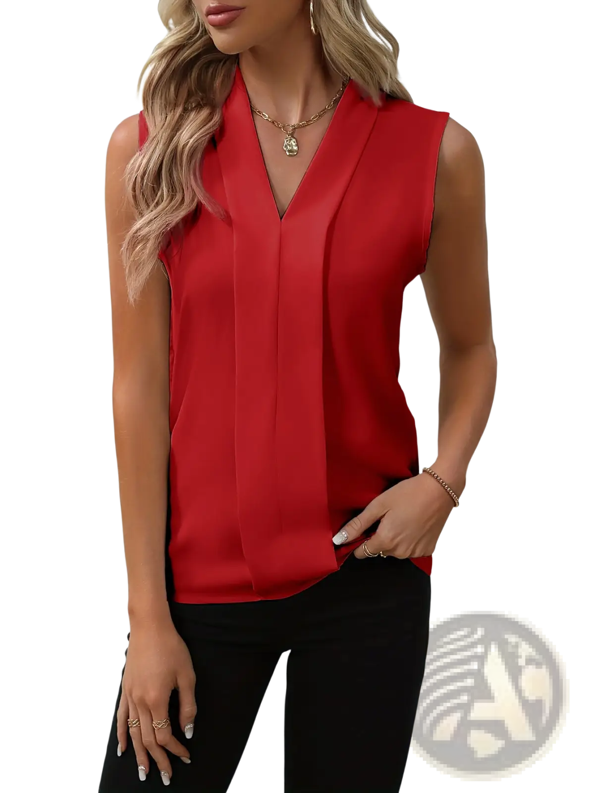 Red sleeveless chiffon blouse with v-neck and pleated front detail for women in a lightweight design