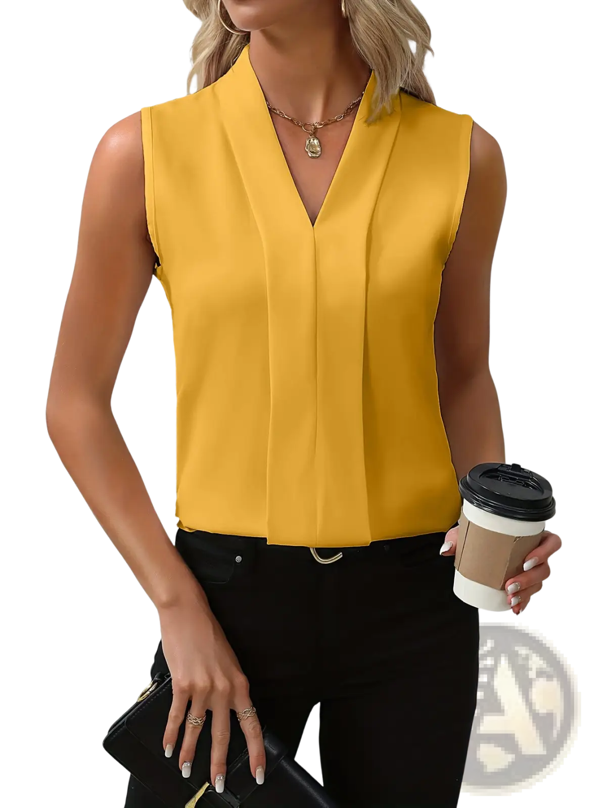 A vibrant yellow women’s v-neck pleated sleeveless blouse made of smooth satin-like chiffon fabric