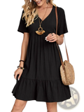 Black pleated v-neck short-sleeve dress with tiered ruffle hem, perfect for summer wear