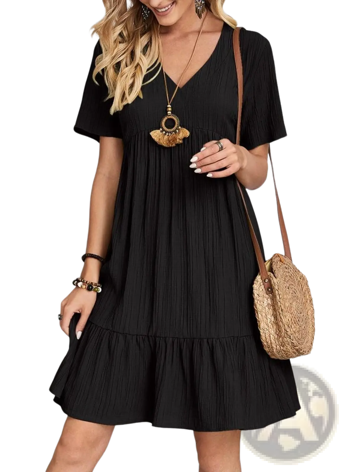 Black pleated v-neck short-sleeve dress with tiered ruffle hem, perfect for summer wear