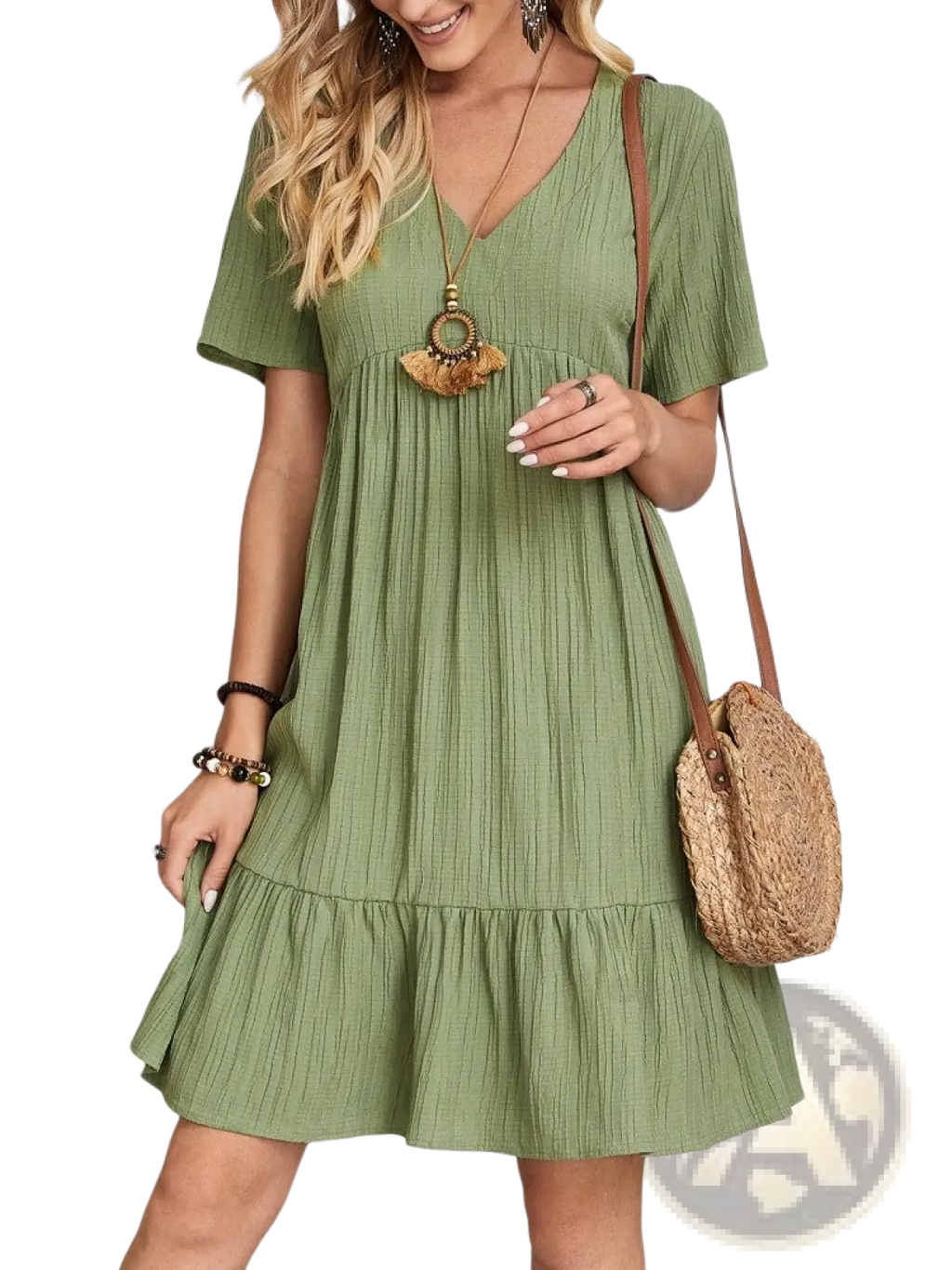 Women’s olive green ribbed cotton v-neck short-sleeve tiered dress ideal for summer wear