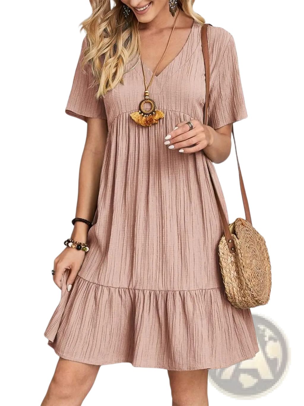 A soft dusty rose-colored women’s v-neck tiered pleated summer dress with vertical pleats and short sleeves