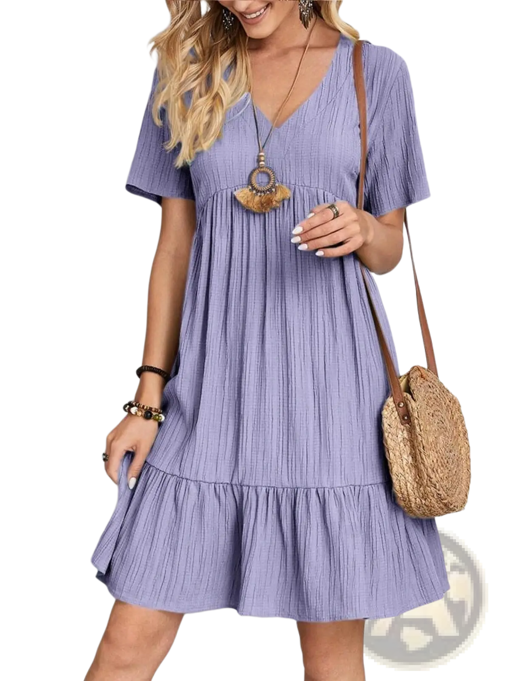 A soft lavender women’s v-neck tiered summer dress with short sleeves and subtle vertical pleats