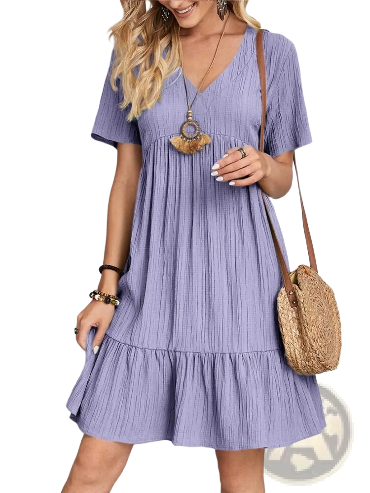 A soft lavender women’s v-neck tiered summer dress with short sleeves and subtle vertical pleats