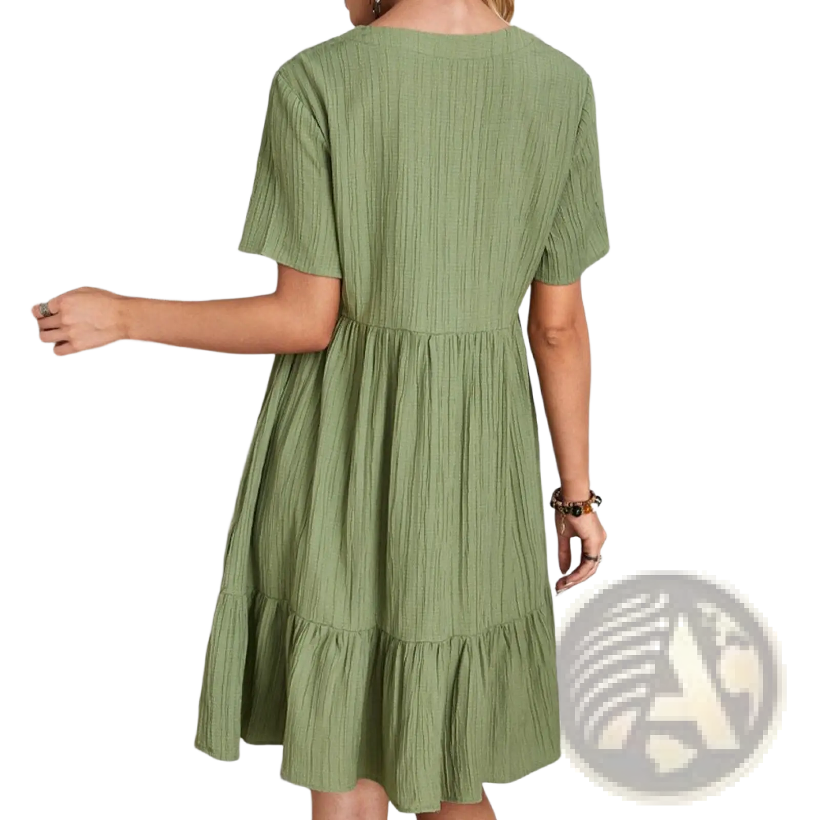 A soft olive green women’s v-neck tiered pleated summer dress with ribbed texture and short sleeves