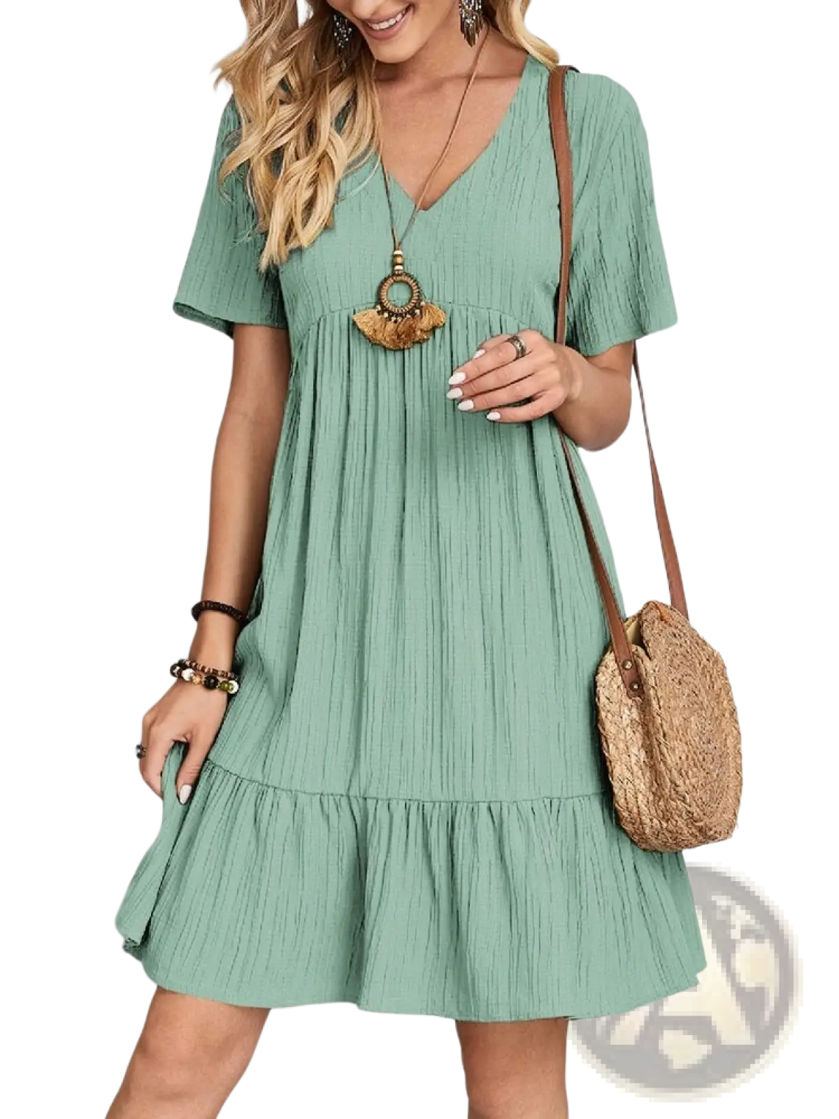 Mint green textured cotton v-neck short-sleeve tiered dress for women ideal for summer wear