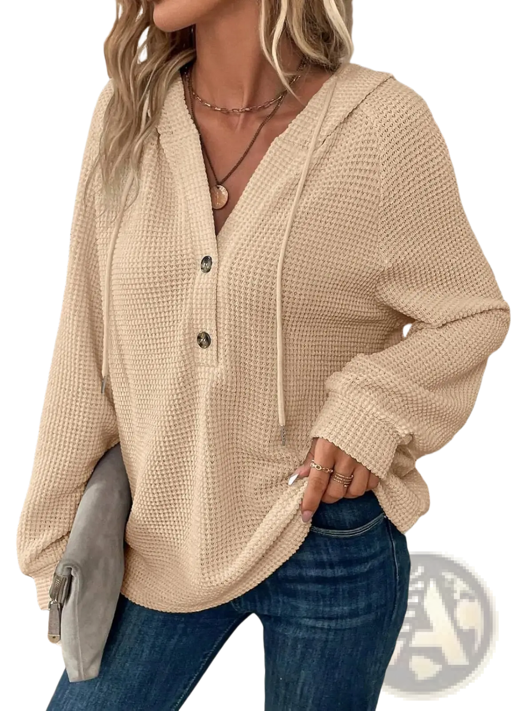 Beige waffle knit women’s v neck button hoodie sweater with drawstring hood and button front closure