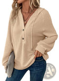 Beige waffle knit women’s v neck button hoodie sweater with drawstring hood and button front closure