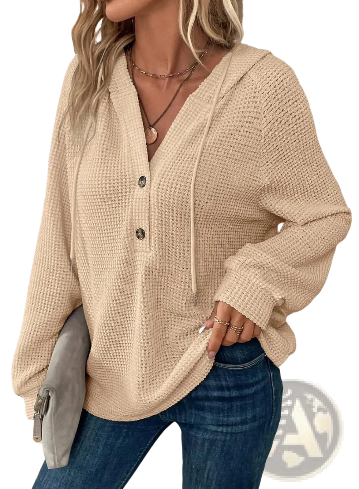 Beige waffle knit women’s v neck button hoodie sweater with drawstring hood and button front closure