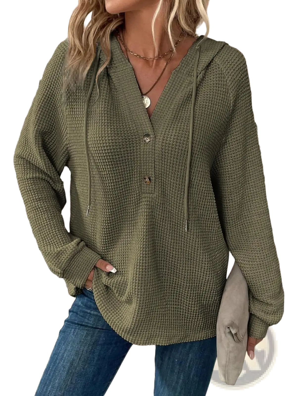Women’s olive green v neck waffle knit button hoodie sweater with front closure and drawstring hood