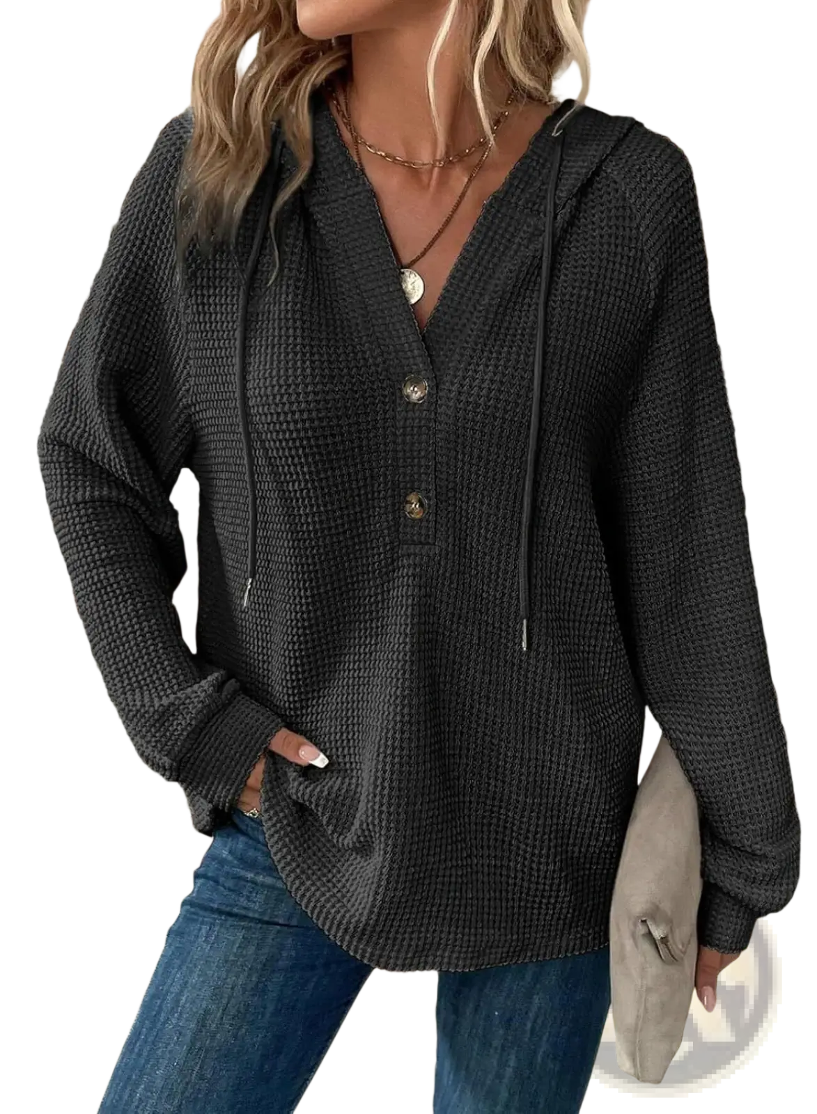 Black waffle knit hoodie sweater for women with v neck and three buttons down the front