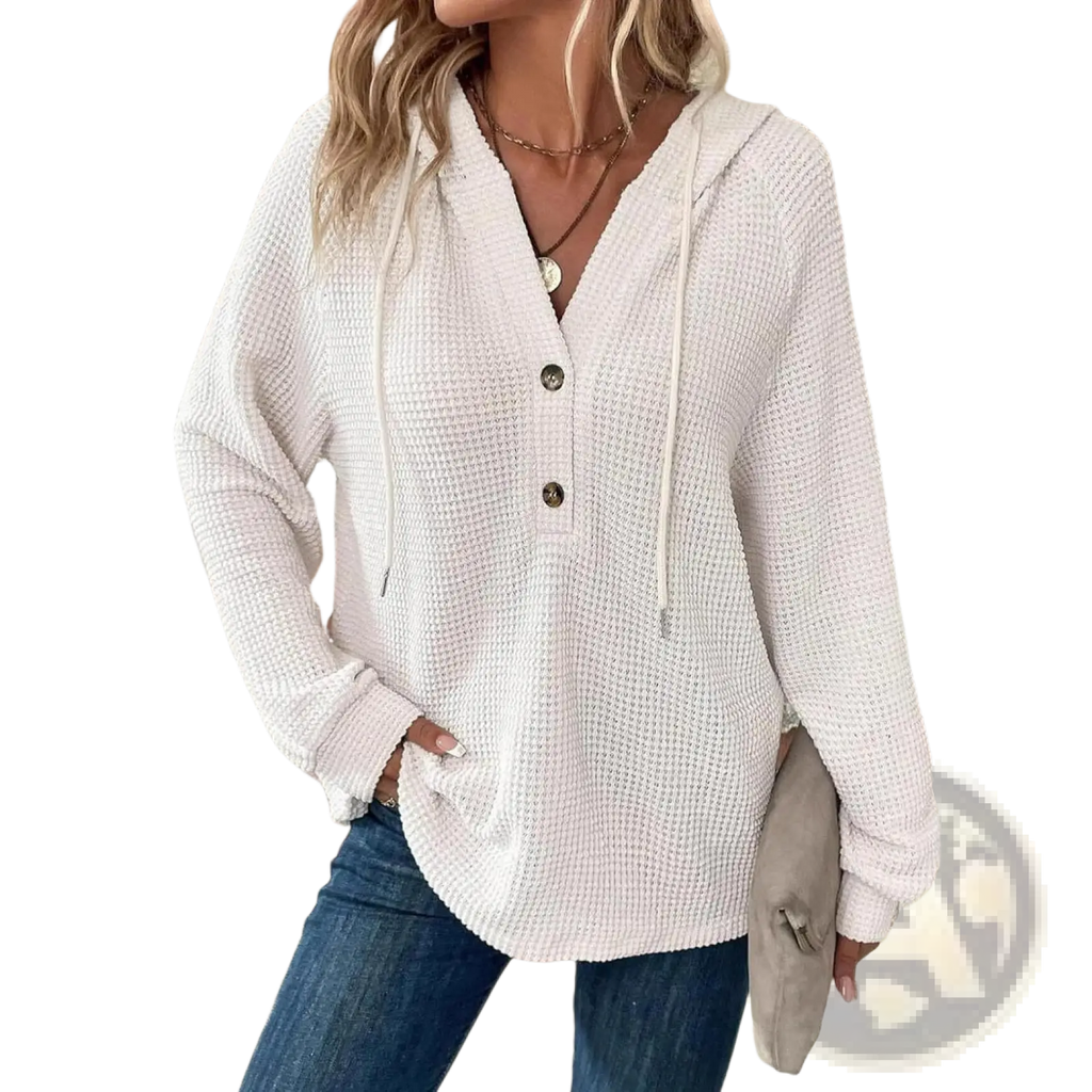 Women’s off-white waffle knit v neck hoodie sweater with front buttons and drawstrings for cozy casual wear