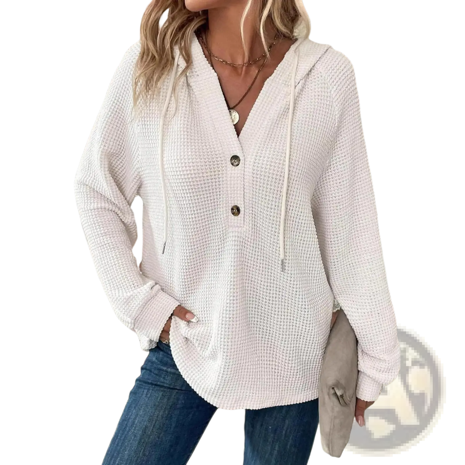 Women’s off-white waffle knit v neck hoodie sweater with front buttons and drawstrings for cozy casual wear