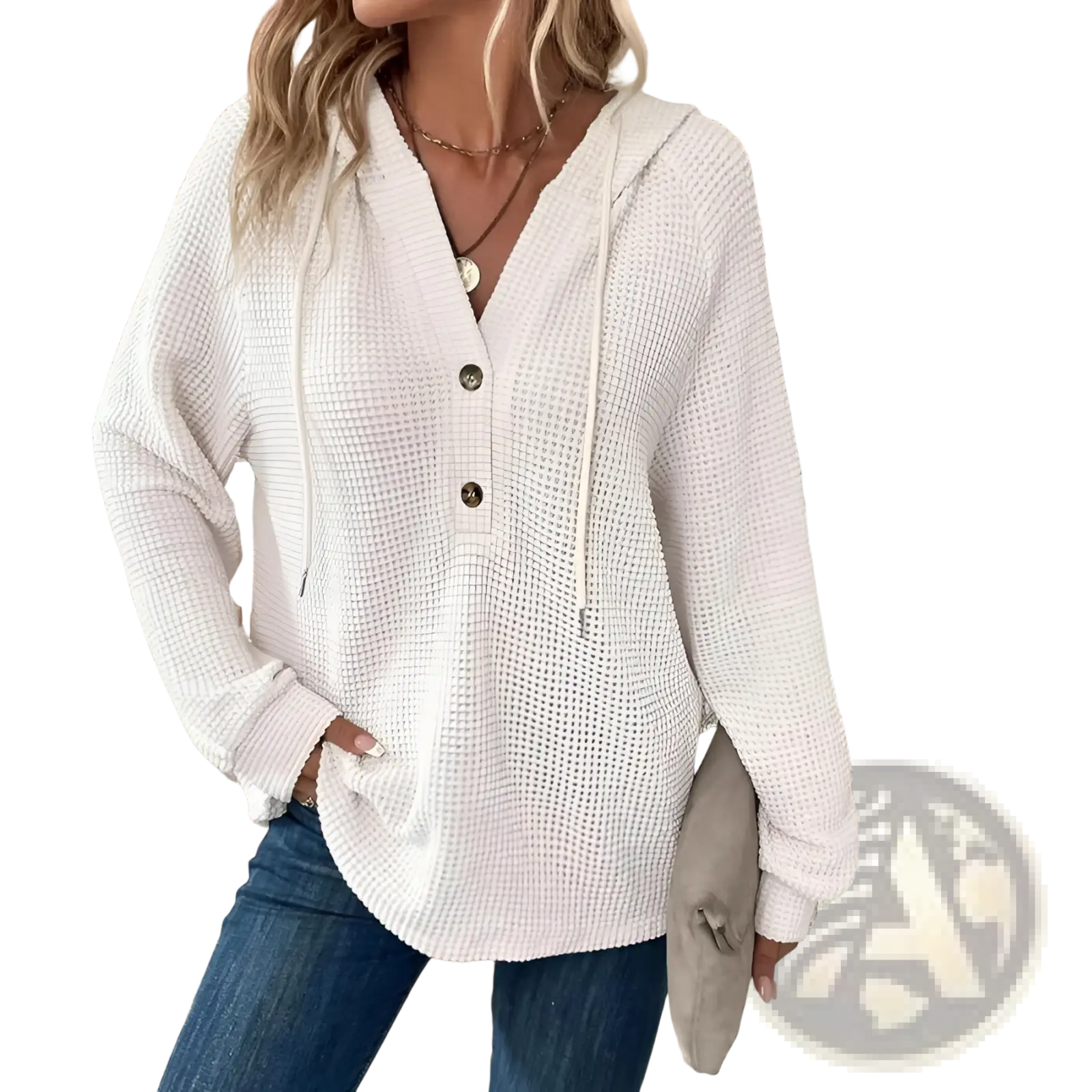 Cream-colored womens v neck waffle knit hoodie sweater with front button closure and drawstring hood