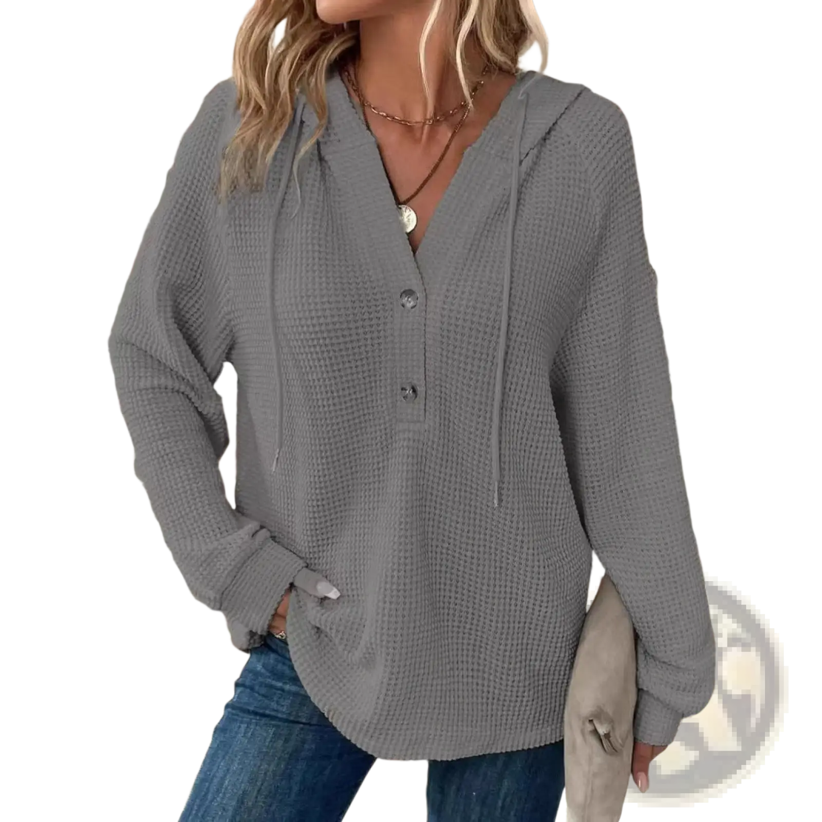 Women’s gray waffle knit hooded top with v neck button front and drawstring neckline in soft sweater fabric