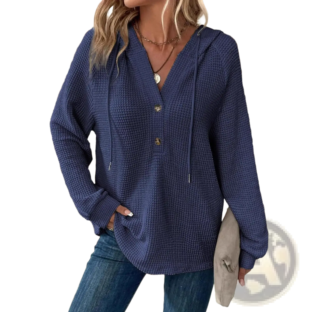Navy blue waffle knit hooded sweatshirt for women with v neck, button closure, and drawstring neckline