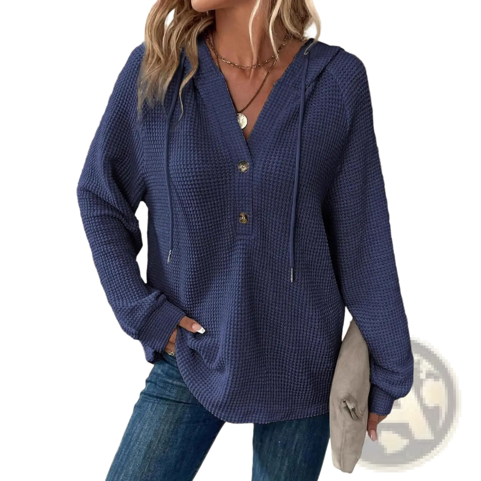 Navy blue waffle knit hooded sweatshirt for women with v neck, button closure, and drawstring neckline
