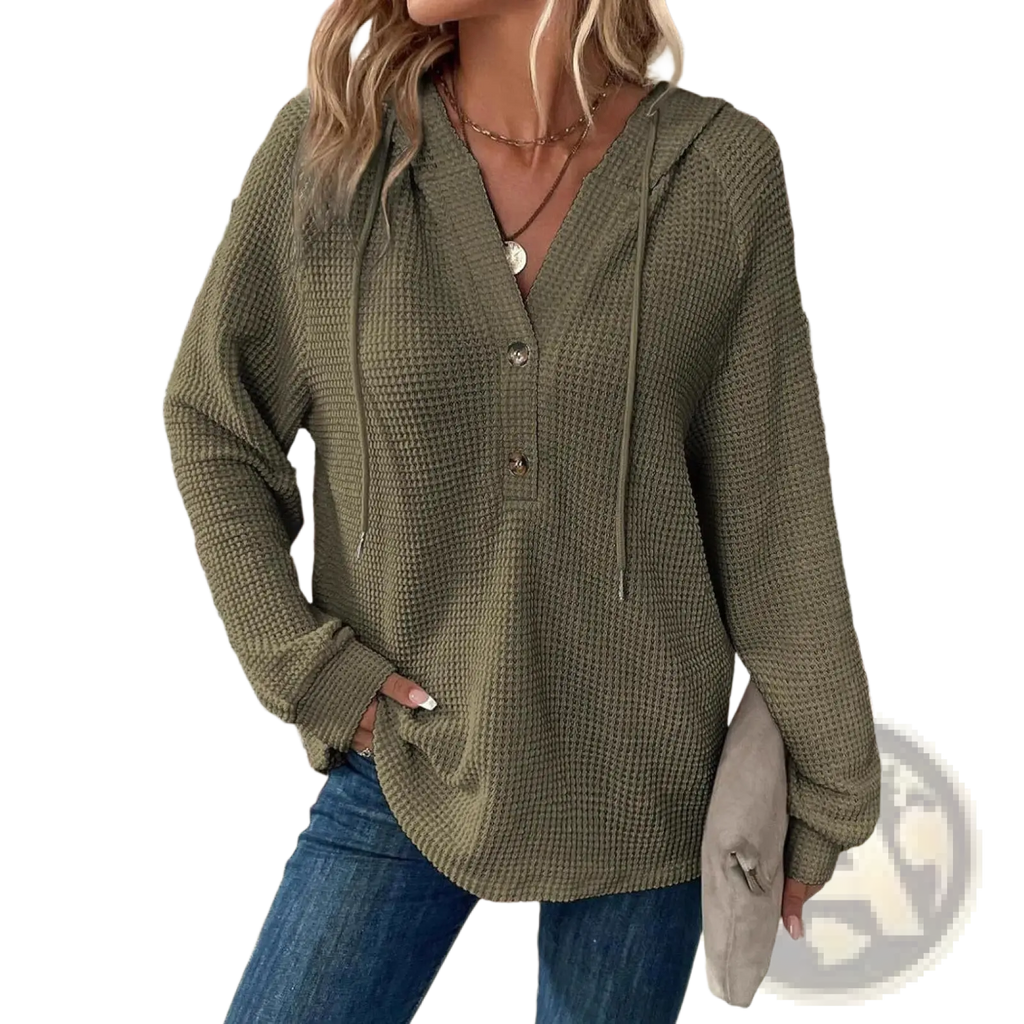 Olive green waffle knit women’s hoodie sweater with v neck button front and drawstring hood