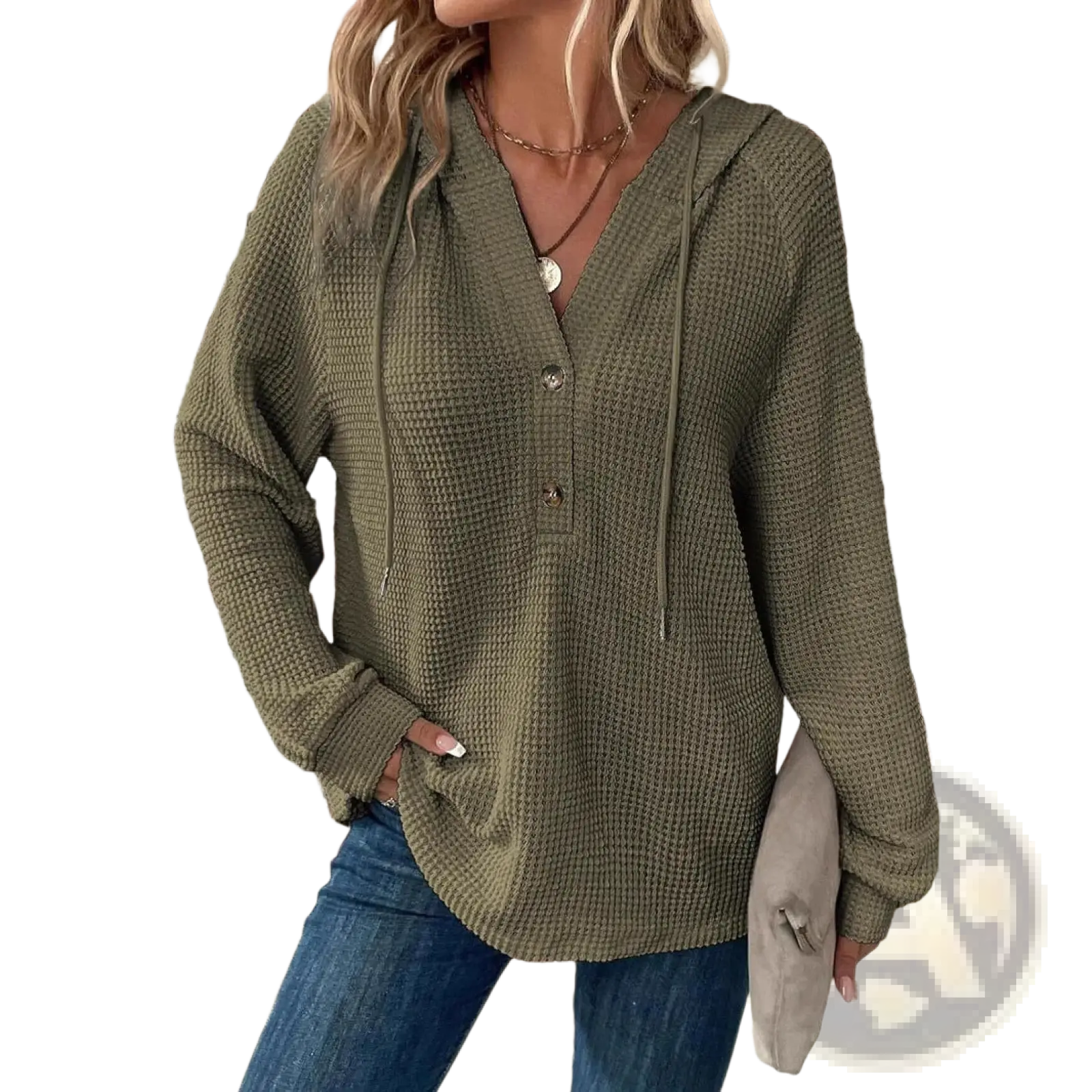 Olive green waffle knit women’s hoodie sweater with v neck button front and drawstring hood