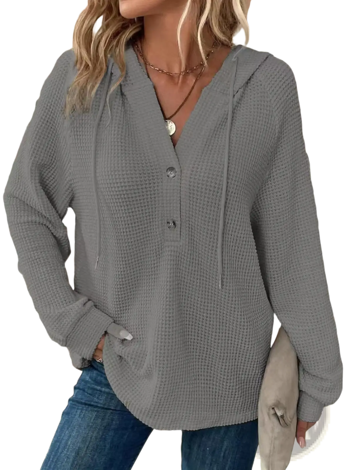 Gray waffle knit hooded top for women with button front and drawstring v neck neckline in soft knit fabric