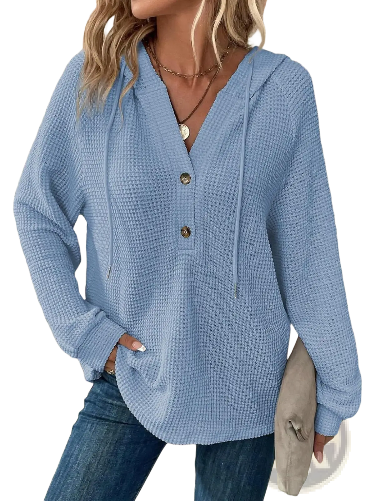 Light blue women’s v neck waffle knit hoodie sweater with three wooden buttons and textured fabric