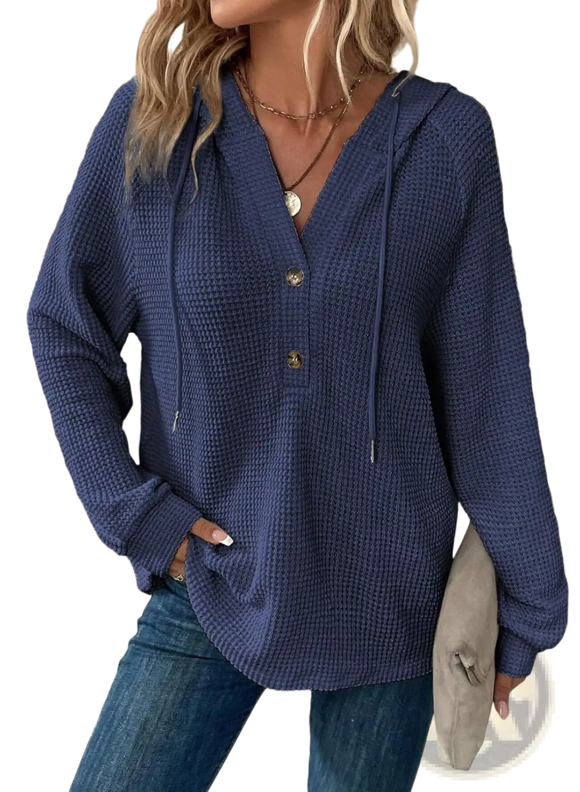 Navy blue waffle knit button hoodie sweater for women featuring a v neck and drawstring hood in soft fabric