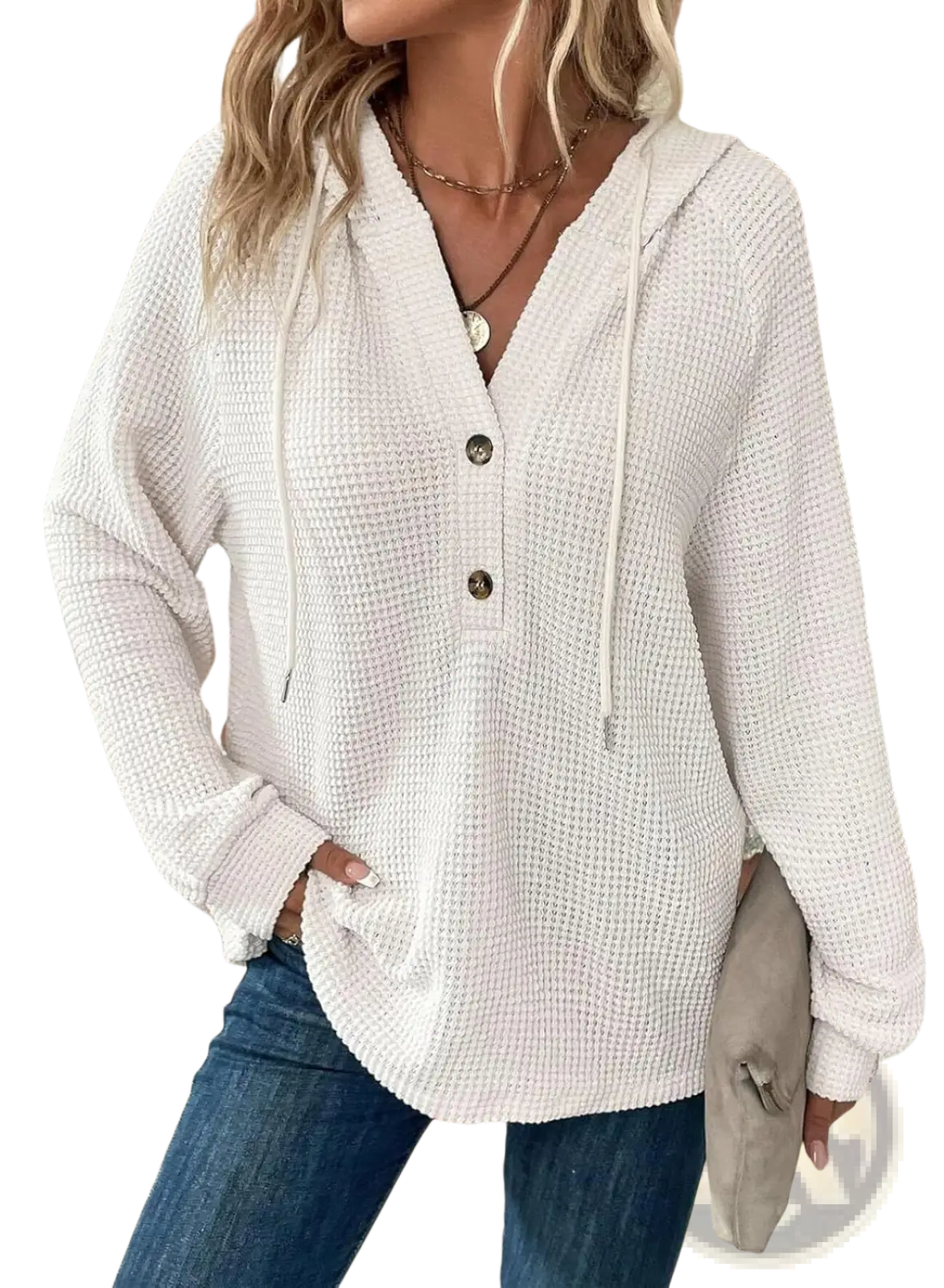 Women’s off-white waffle knit v neck hoodie sweater with three dark buttons and matching drawstrings
