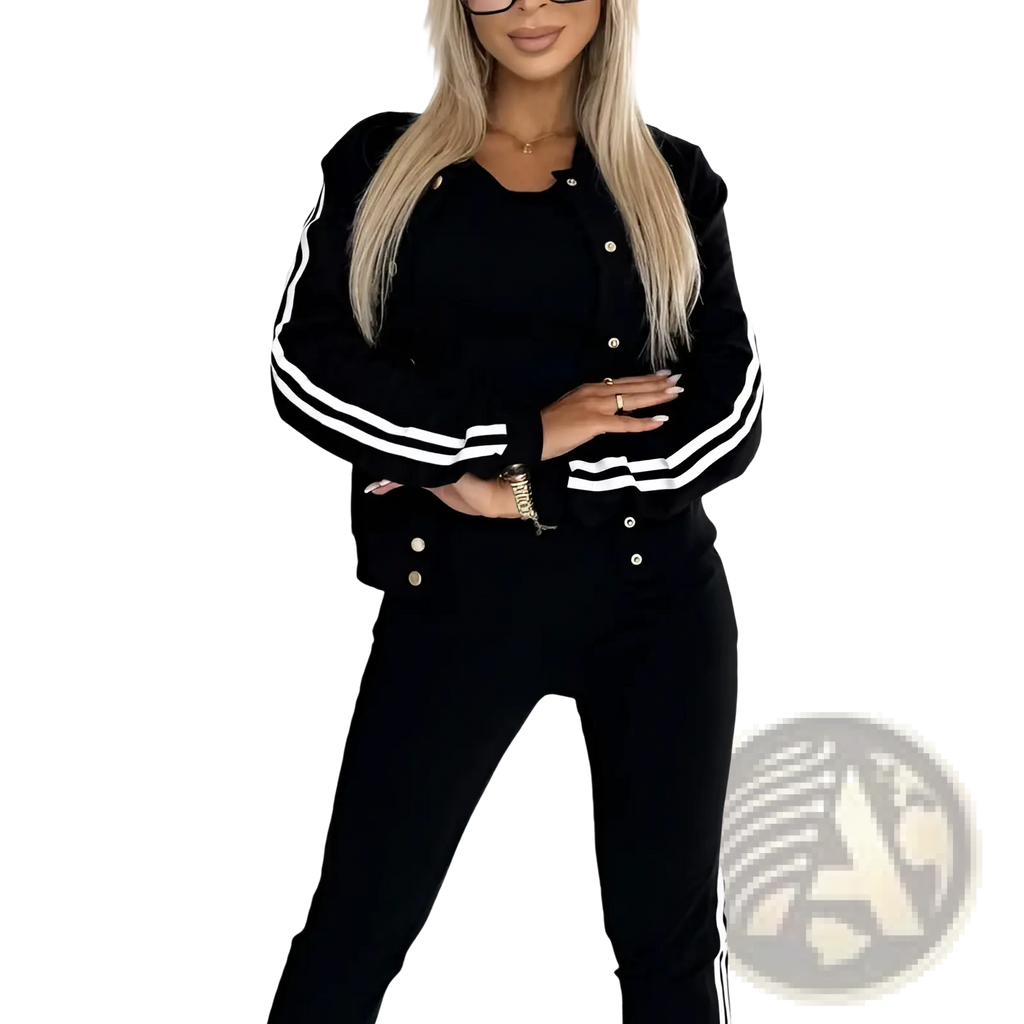 Black women’s varsity button up jogger set jacket with white striped sleeves and front placket in a three piece suit